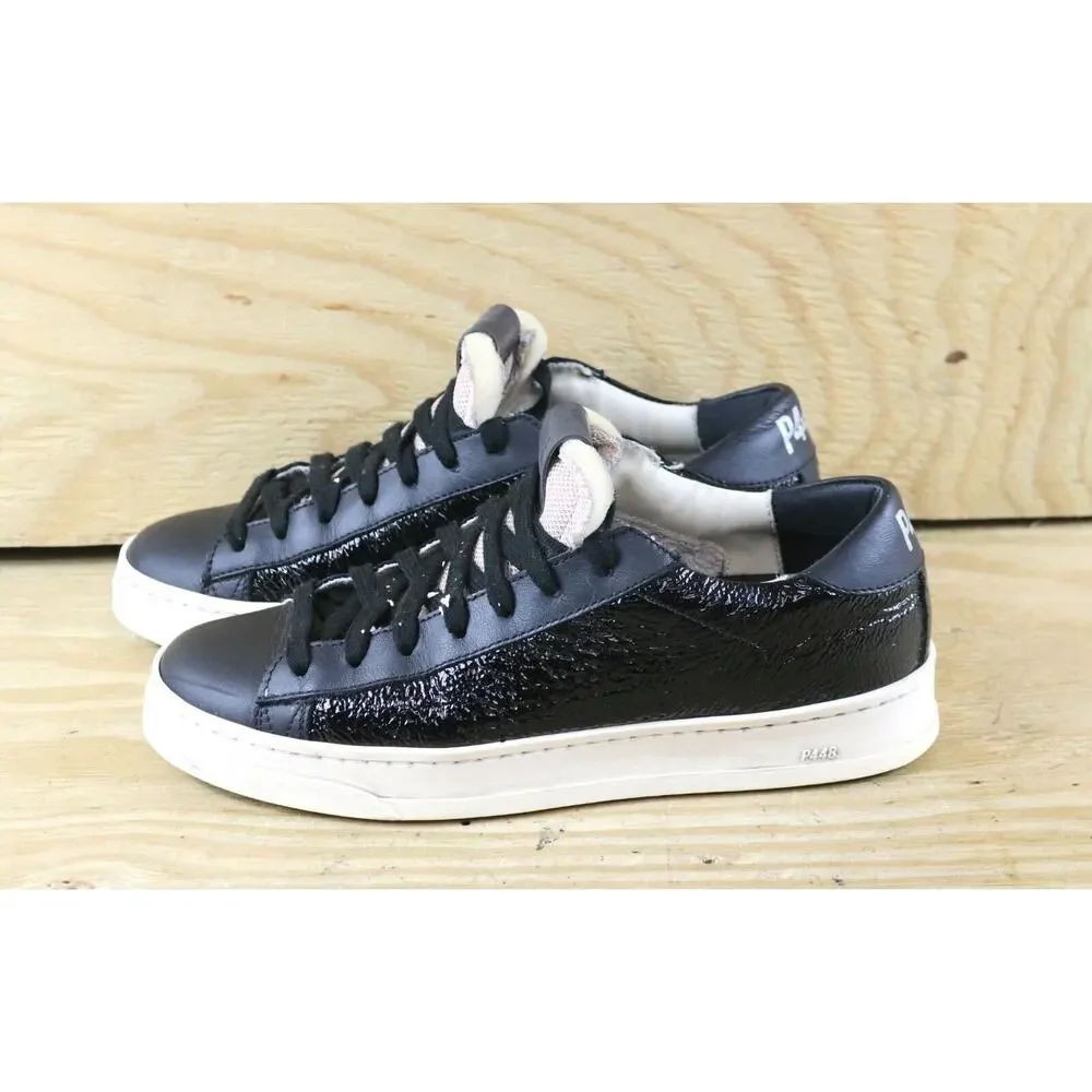P448 Sneakers 37 Womens Black Leather Crinkle Low Top Lace Up Italy